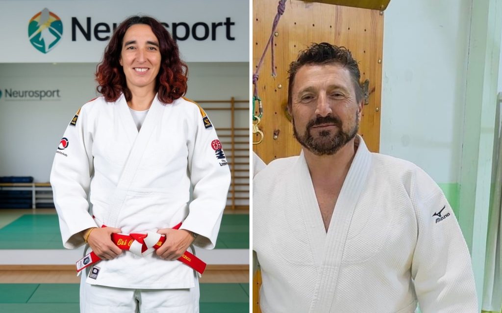 Vanesa Arenas, olímpica en Sídney 2000, y Claudio Mohedano, CEO de Neurosport, con judogi y cinturón blanco-rojo