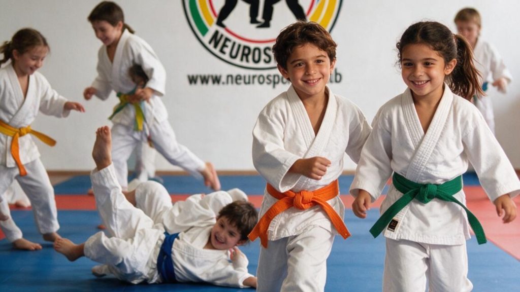 Grupo de niños y niñas practicando judo con judogi blanco en el dojo de Neurosport en Elda