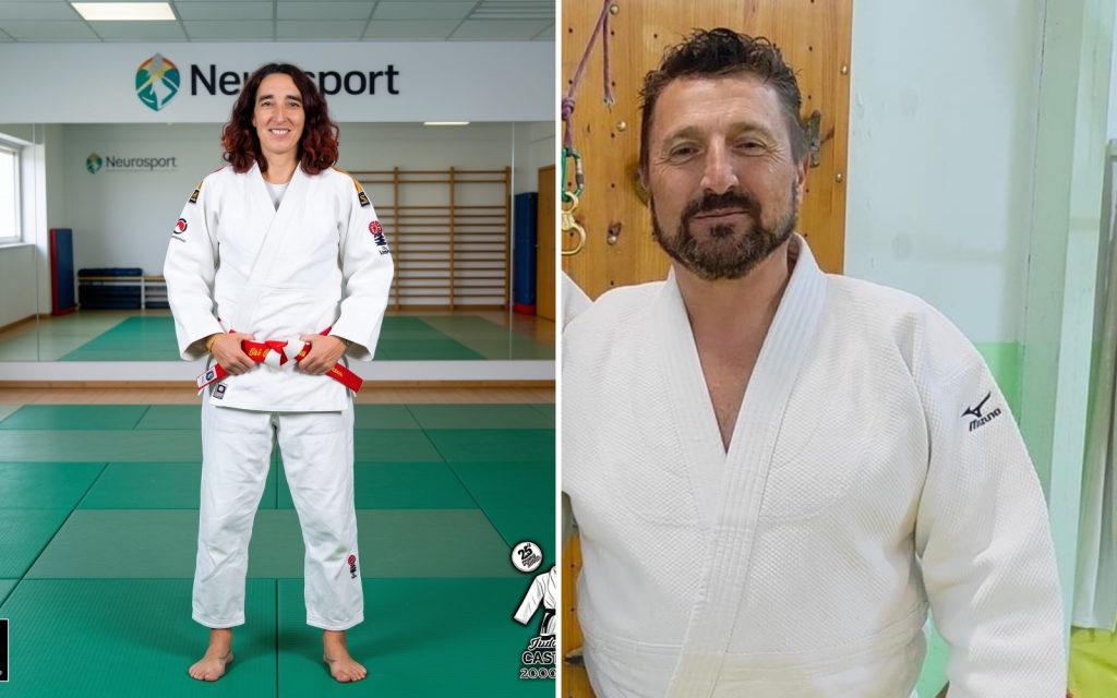 Vanesa Arenas, olímpica en Sídney 2000, y Claudio Mohedano, CEO de Neurosport, con judogi y cinturón blanco-rojo