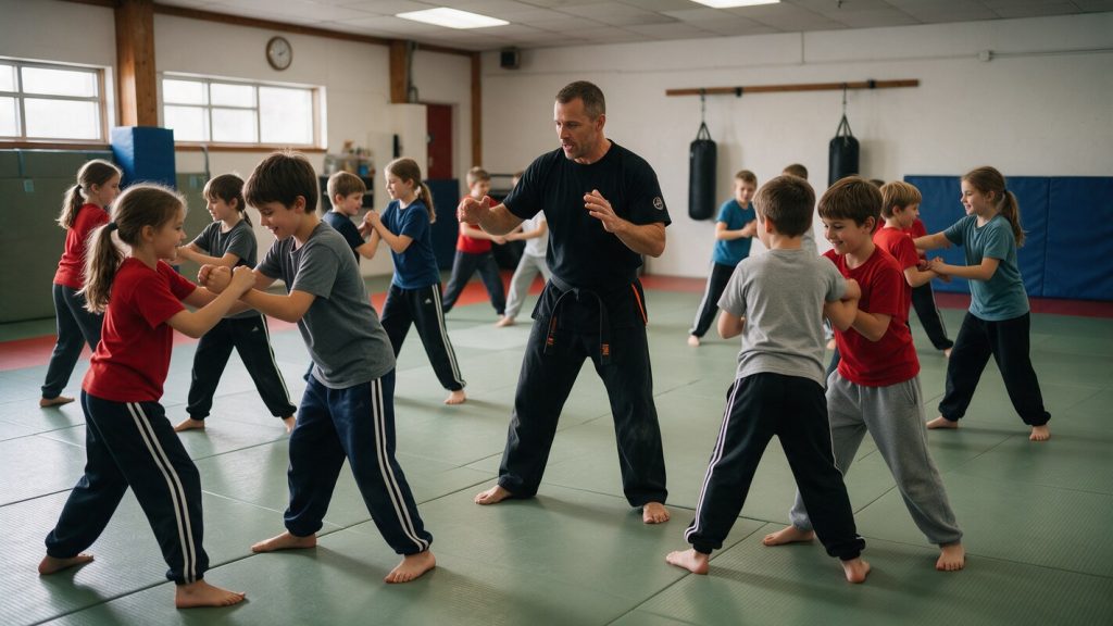 Clase de defensa personal para chicos y chicas en el tatami